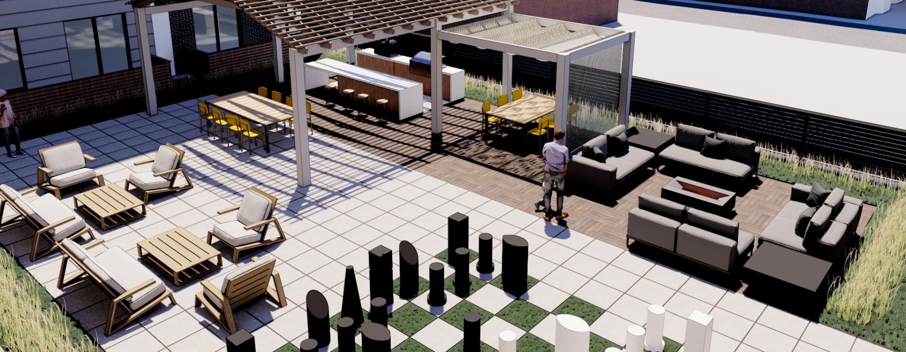 aerial view of life-sized chess board on rooftop lounge